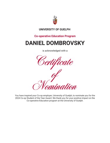 Co-op Employee of the Year Nomination certificate